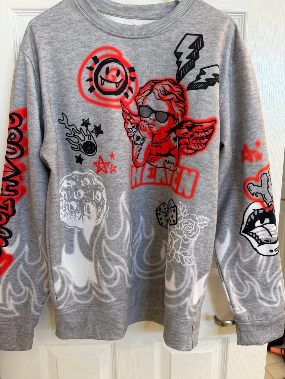 Jewel House Gray Graphic Crewneck Sweater with Red Accents